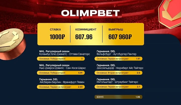 Клиент OLIMPBET выиграл 600 тысяч на хоккейном экспрессе Клиент OLIMPBET выиграл 600 тысяч на хоккейном экспрессе