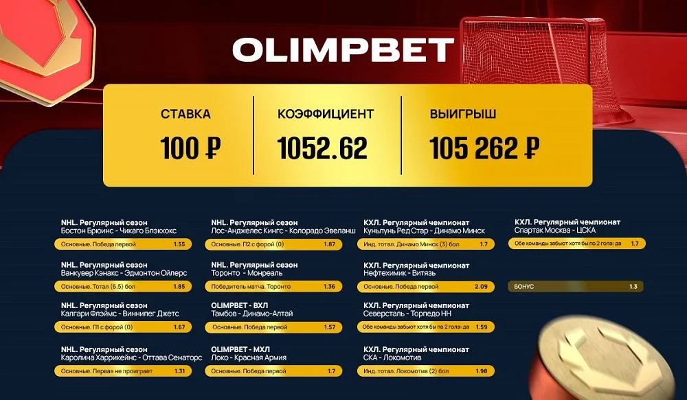 Хоккейная жара: в Olimpbet сыграл коэффициент 1052.62! Хоккейная жара: в Olimpbet сыграл коэффициент 1052.62!