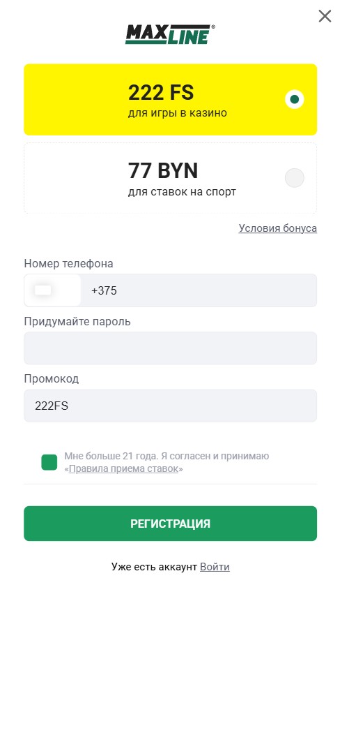 Анкета регистрации в БК Макслайн