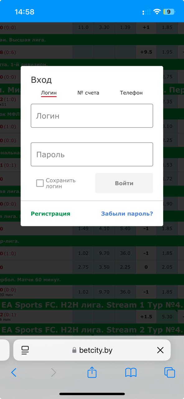 Авторизация в мобильной версии Бетсити