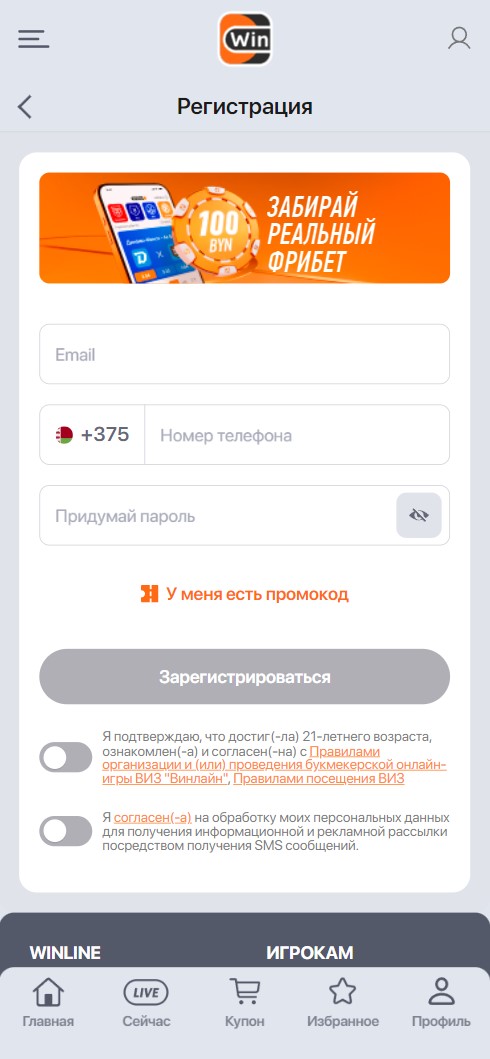 Анкета регистрации в БК Винлайн
